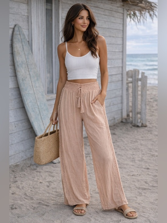 Salty Lemon Pants - Salty Lemon Nude Boho Lounge Pants Smocked Waist Wide Leg NWT M